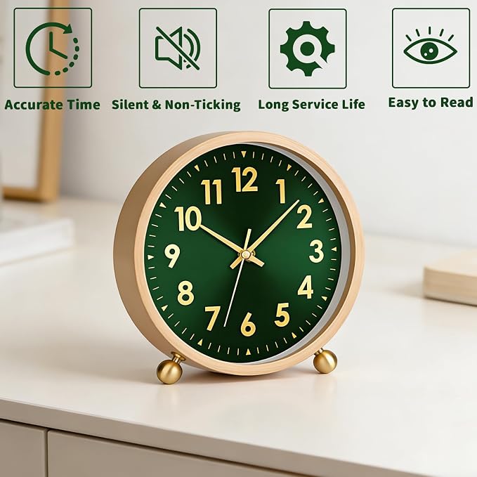 Maxspace Wooden Table Clock,8in Silent Non-Ticking Desk Clockwith Gold Ball Base, Battery Operated Desktop Analog Clock for Living Room Office Bedroom Decor (Green Gold - Log, Copper Ball Base)