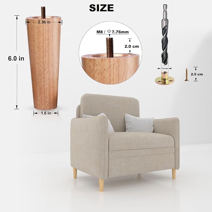 Wood Furniture Legs Set of 4 Heavy Duty 6 Inch,Solid Table & Couch Legs Replacement, Feet for Sofa Ottoman Loveseat Bench Dresser- Solid Wooden Legs with Vernished Finish