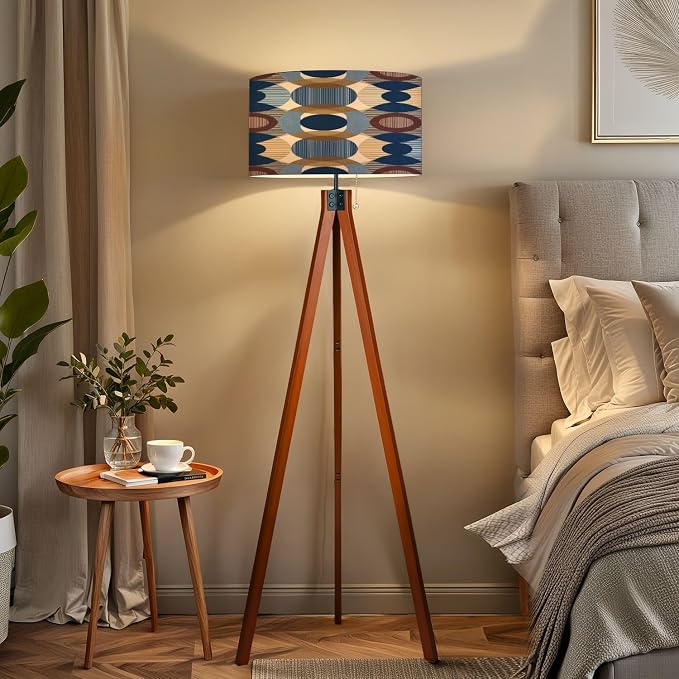 Wood Tripod Floor Lamp Abstract mid Century Seamless Mid Century Standing Lamp Linen Shade Dimmable Modern Tall lamp Home Decor for Living Room Bedroom Office