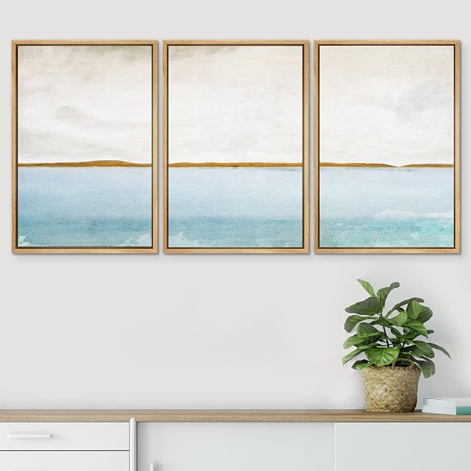SIGNWIN Framed Canvas Print Wall Art Set Grunge Blue Watercolor Landscape Shapes Abstract Illustrations Modern Art Decorative Nordic Calm Colorful for Living Room, Bedroom, Office - 16"x24"x3 Natural