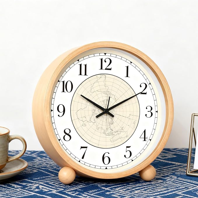 Maxspace Wooden Table Clock,8in Silent Non-Ticking Desk Clock,Battery Operated Desktop Analog Clock for Living Room Bedroom Kitchen Office Classroom Decor (Log - Map)