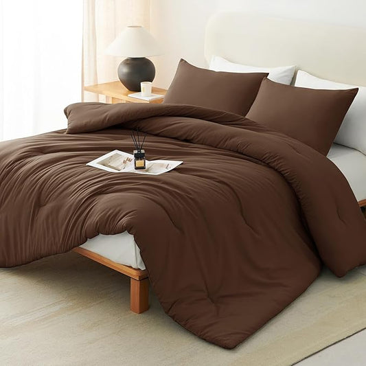 CozyLux California King Comforter Set Brown, 3 Pieces Cal King Lightweight Down Alternative Quilted Bedding Sets, All Season Soft Breathable Solid Comforter with 2 Pillowcases, Bed Set Gift for Home