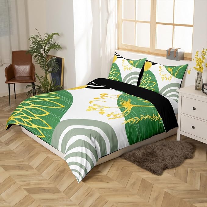 Mid Century Modern Duvet Cover Full Size for Kids Teens Adults - White and Green Abstract Comforter Cover Boho Minimalist Aesthetic Bedding Set Chic Modern Geometric Bohemian Floral Bed Set