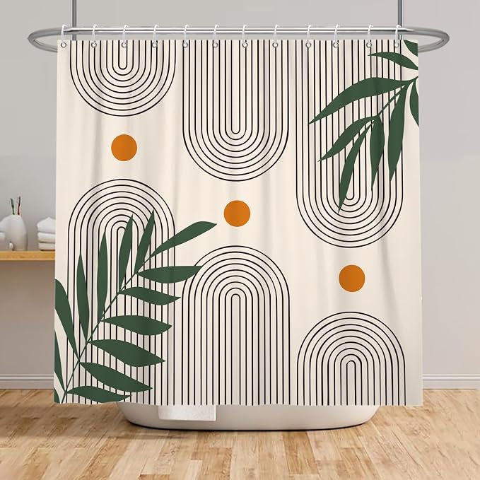 Boho Mid Century Shower Curtain Bohemian Minimalist Geometric Arch Sun Bathroom Curtain Sage Green Plant Polyester Shower Curtain Sets for Bathroom Extra Long 72x84 in with 12 Hooks