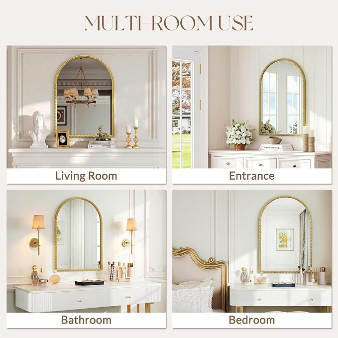 Uniclinens Gold Arched Mirror Decor - Large Vintage Mirror Decor with Twisted Rope Metal Frame,Antique Mirror for Fireplace, Living Room, Hallway, Bathroom,Entryway, 24"X36"