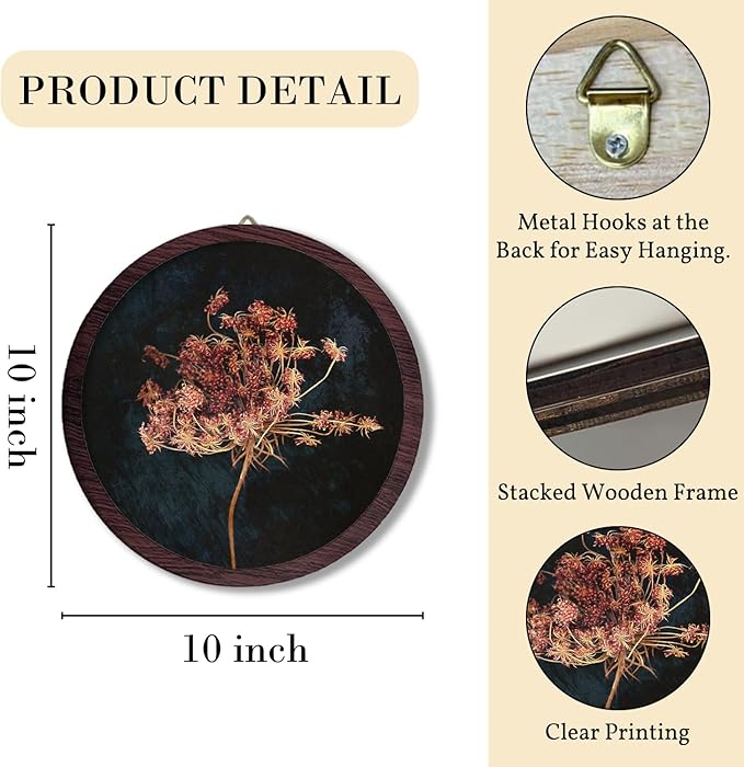 TFKFJLF Vintage Red Flowers Wall Hanging Prints Frame, Dark Rustic Round Wooden Prints, Cottagecore Botanical Flower Canvas Walls for Home Bedroom Living Room Decor, 10x10 Inch