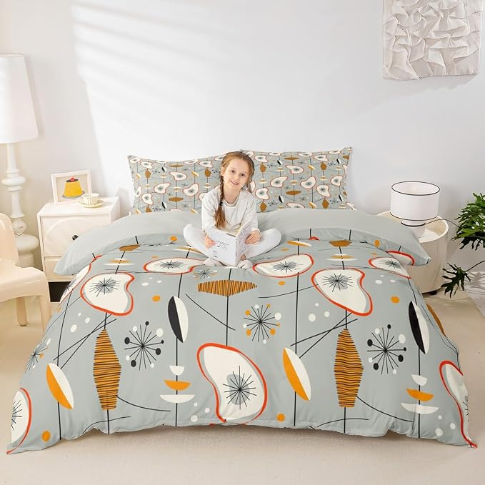 Erosebridal Grey Old Fashion Bedding Sets Full Abstract Atomic Comforter Cover, Brown Red White Aestheitc Bed Set Boho Mid Century Duvet Cover, Minimalism Lines Quilt Cover 3 Pieces (Zipper Closure)