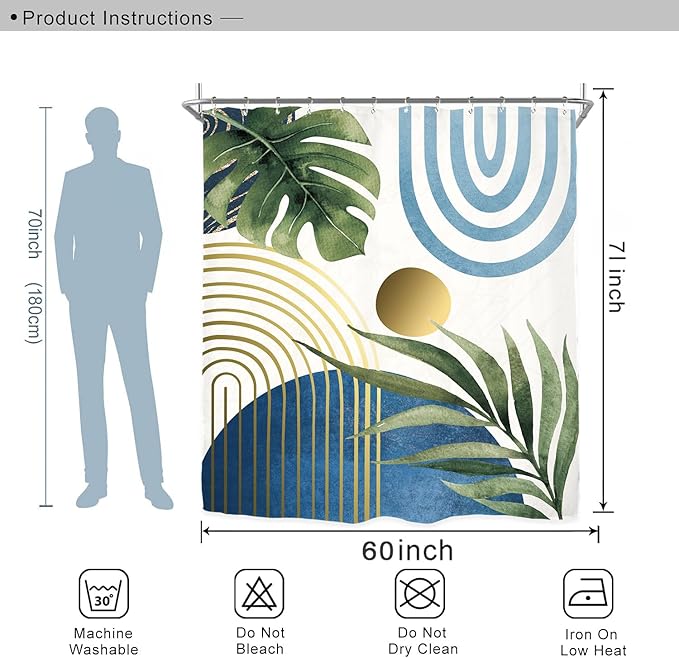 Miyotaa Abstract Blue Modern Shower Curtain Set 60Wx71H Inches Minimalist Aesthetic Mid Century Contemporary Plant Monstera Leaves Polyester Waterproof Bathroom Curtain with 12 Hooks
