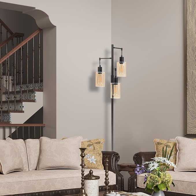 Farmhouse Floor Lamp, Dimmable Floor Lamp for Living Room, Rustic 3 Lights Oil Rubbed Bronze Tree Standing lamp, Vintage Tall Pole Lamp with Amber Glass Shade