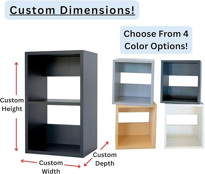 Custom Sized 2-Cube Cubby; Choose color, width, depth, and height. Units are 3/4 inch thick premium grade melamine for strong, solid unit. Easy assembly. Place on the floor or mount on a wall.