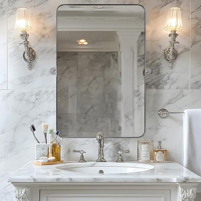 MOON MIRROR Chrome Pivot Rectangle Bathroom Mirror, Modern Tilt Rounded Rectangular Pivoting Vanity Mirrors for Wall, Stainless Steel Metal Polish Frame, Overall 24.33 x 30 in (Mirror 20 x 30 in)
