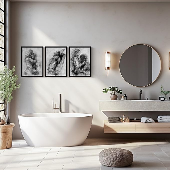 3Pcs Framed Black and White Canvas Wall Art Abstract Nude Prints Couple Modern Gallery Style Painting Pen sketch Posters Decorations Bedroom Living Room Bathroom 16x24 Inch Ready to Hang