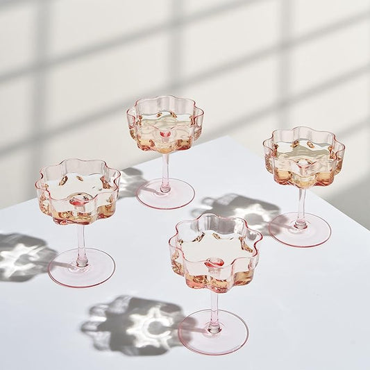 Flower Scalloped Vintage Wavy Petals Wave Glass Coupes 7oz Colorful Martini, Champagne & Cocktails, 4 Set Pink Rippled Champagne Glasses, Elegant Bar Glassware, Unique Aesthetic Coupe Glassware Gifts