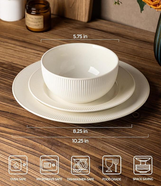 TheTerra Stoneware Dinnerware Sets for 4, 12 Pieces Ceramic Plates and Bowls Sets, Scratch Resistant Embossed Dish Set, Oven, Microwave & Dishwasher Safe, Reactive White