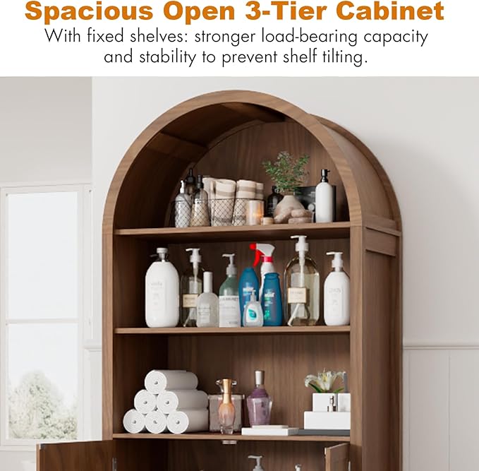70.9" Tall Storage Cabinet with Fluted Doors, Arched Freestanding Cabinet with 5 Shelves, Wooden Bookcase Storage Cabinet Suitable for Living Room, Dining Room, Bathroom