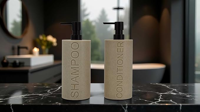 Resin 2 Pack Shampoo, Conditioner or Body Wash Dispenser Set, Luxurious Refillable Pump Bottles with Matte Pump Top and Embossed Text, Durable Design for Bathroom and Shower