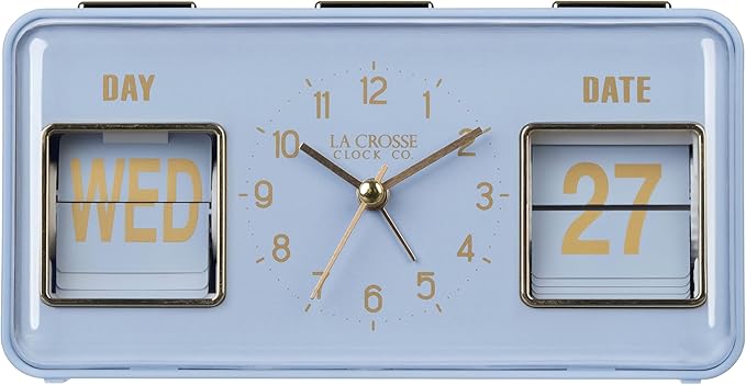 La Crosse Clock 636-379BL Daily Flip Blue Periwinkle Tabletop Alarm Clock with Calendar
