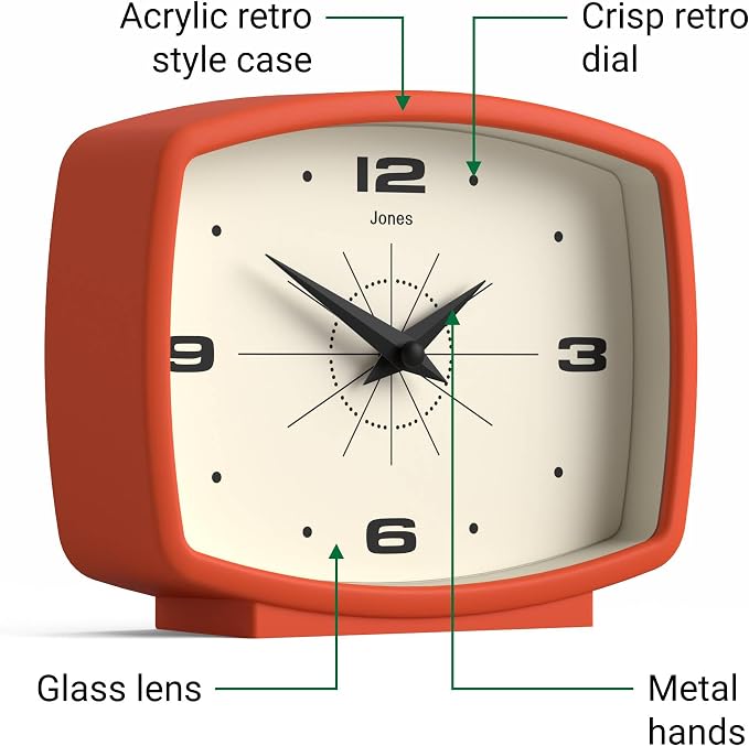 JONES CLOCKS® Film Desk Clock | Retro Rectangular Design | Orange | Retro Design, Blending mid-Century Style with a Punchy Modern Finish for Shelf, Table, Mantel or Bedside
