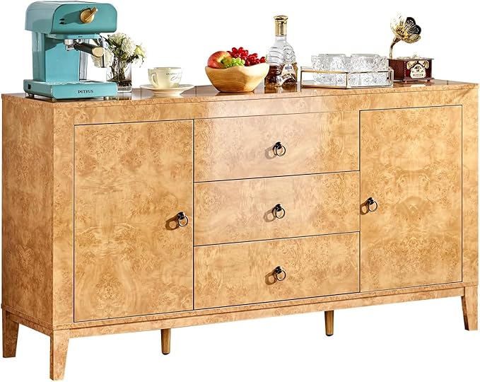 AMERLIFE 60" High Gloss Burl Buffet Sideboard Storage Cabinet, Large Wood Sideboard with Drawers, Retro Handles, Heavy Duty Coffee Wine Bar Buffet Table for Dining Room, Living Room, Yellow