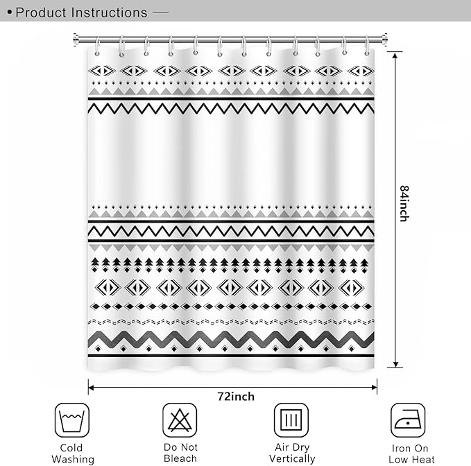Abstract Pattern Bathroom Shower Curtain White Black Stripes Wave Waterproof Polyester Shower Curtains with Hooks Geometric Shower Curtain for Modern Home Decorative, 72x84 Inch