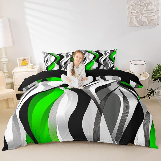 Green Black Stripes Duvet Cover Set Full Size,Abstract Simple Wave Striped Bedding Set,Boys Girls Room Decor,Contemporary Art Geometric Comforter Cover,Comfy Quilt Cover,2 Pillowcases(No Filler)