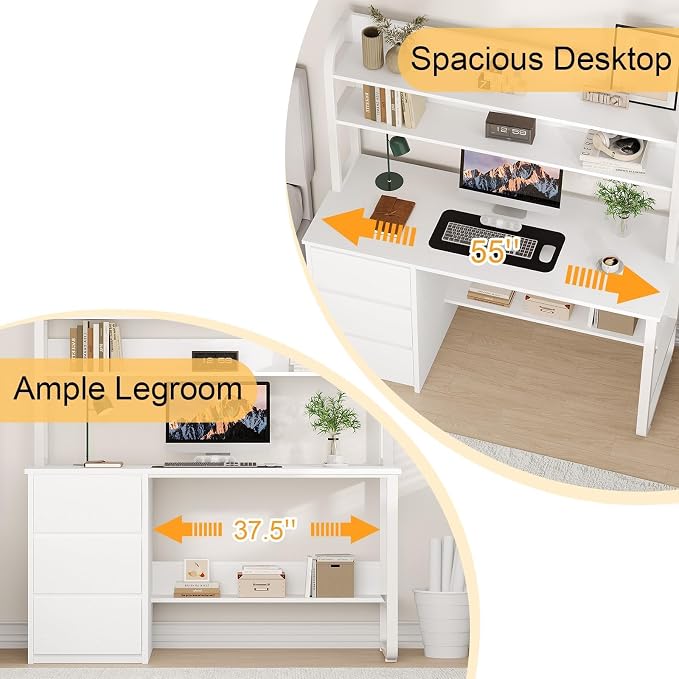 MaverickFurni White Desk with Hutch, 55 Inch Computer Desk with 3 Drawers for Bedroom, Study Writing Desk with Shelves for Small Spaces, Adjustable Feet