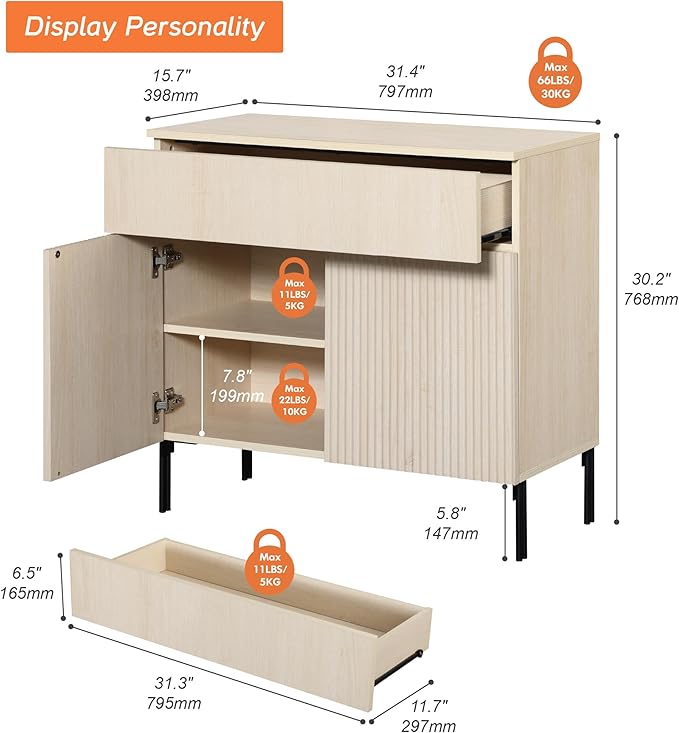WAMPAT 31.5" Buffet Sideboard Cabinet with Storage, Wood Credenza Console Table with 1 Drawer & 2 Doors, Coffee Bar Cabinet, Wine Bar Storage for Dining Room, Living Room, Beige