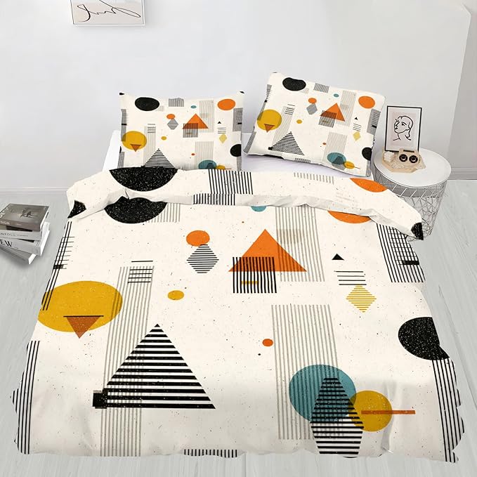 Middle Ages Abstract Duvet Cover Full Size, Retro Beige Bedding Set 3 Piece Bedroom Decor Modern Minimalism Patterned Comforter Cover with Zipper Ties & 2 Pillowcases