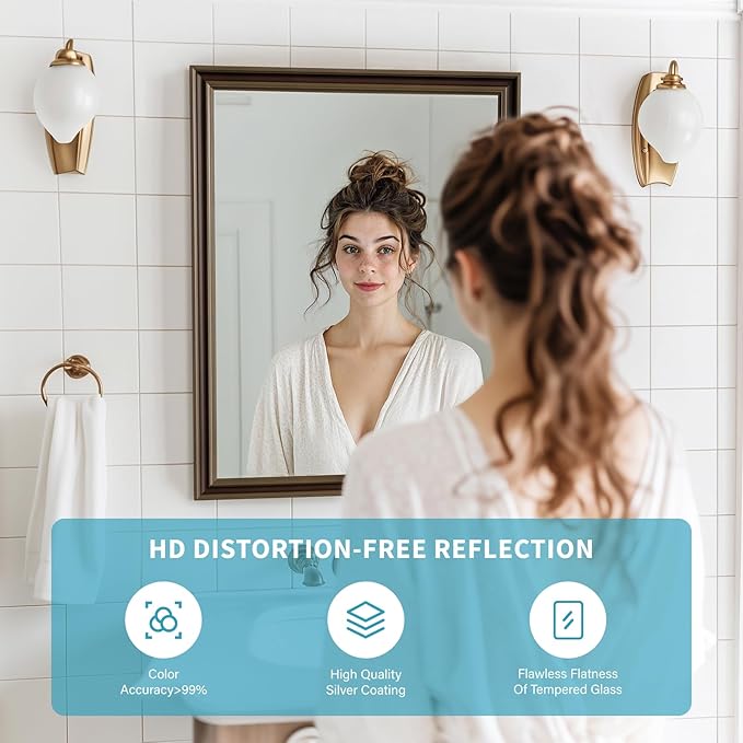 Retro Copper Effect Framed Wall Mirror, 30x36 Rectangle Mirror, Anti-desilvering Tempered Glass, Sustainable&Sturdy Frame, Anti-Rust, HD Reflection &3min Fast Setup for Bathroom Living Room