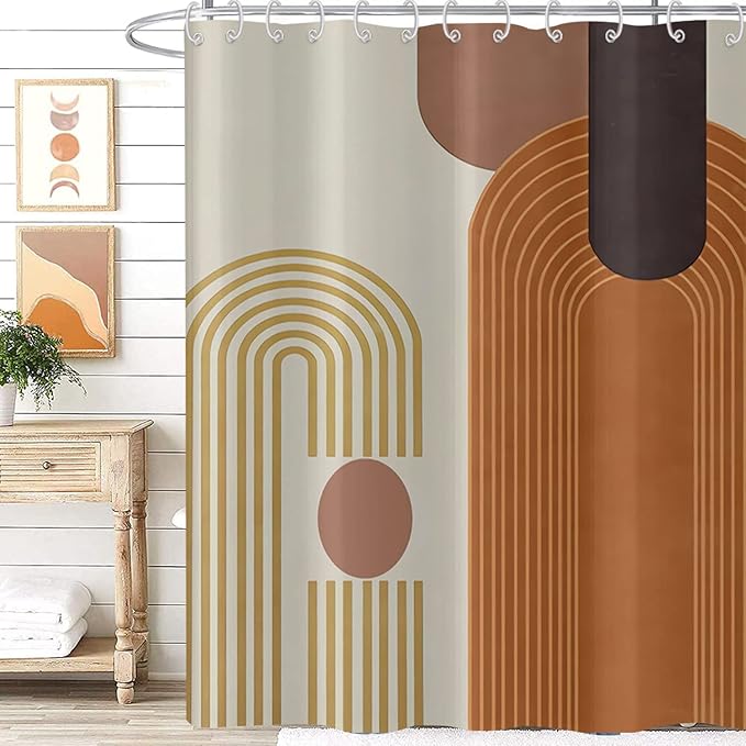 Mid Century Modern Shower Curtain, Boho Brown Abstract Arch Geometric Machine Washable Waterproof Stall for Bathroom Bathtub with Hooks 60Wx72H
