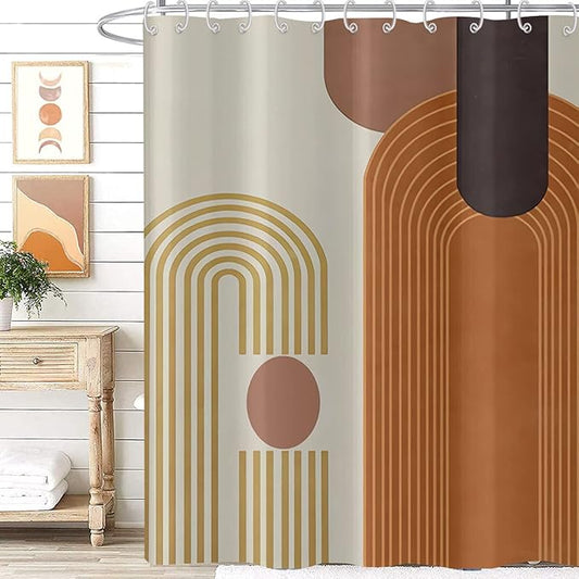 Mid Century Shower Curtain, Brown Modern Boho Neutral Arch Geometric Machine Washable Waterproof for Bathroom Bathtub with 12 Hooks 72x72