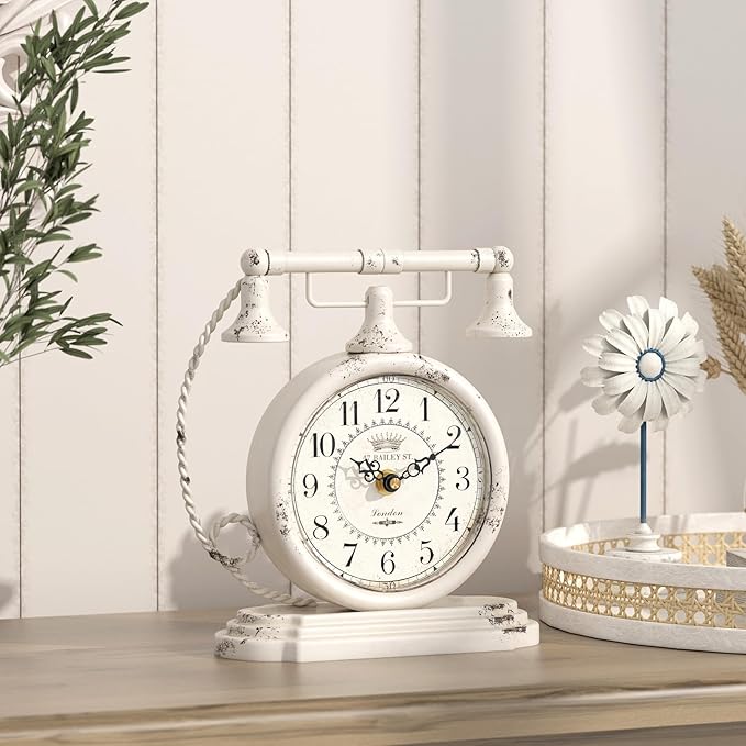 Vintage Table Clock, Desk and Shelf Decor Clock, White Antique Telephone Style Mantel Clocks, for Living Room, Farmhouse, Bedroom, Bedside, Gift (7.3" H x 7.3" W)