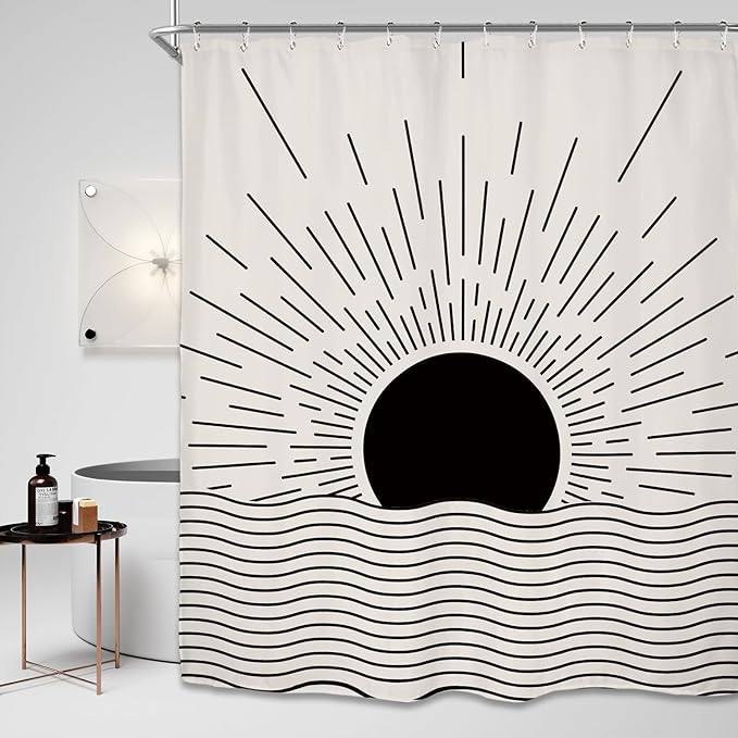 Miyotaa Black Sun Minimalist Shower Curtain Set 60Wx71H Inches Sunrise Sunset Mid Century Vintage Aesthetic Retro Modern Polyester Waterproof Cloth Bathroom Curtain with 12 Hooks