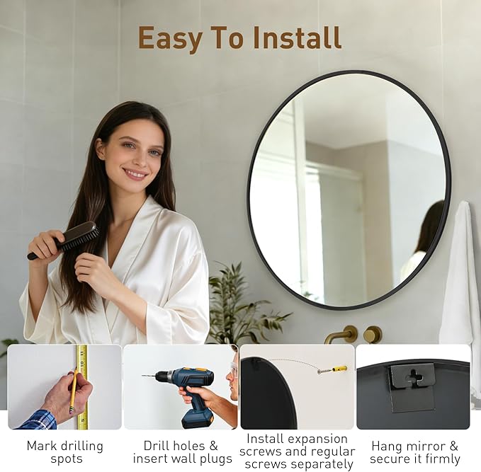NEWBULIG Wall Mirror, Bathroom Mirror for Over Sink, Matte Metal Framed Vanity Mirror, Wall Decor for Bedroom, Tempered Glass