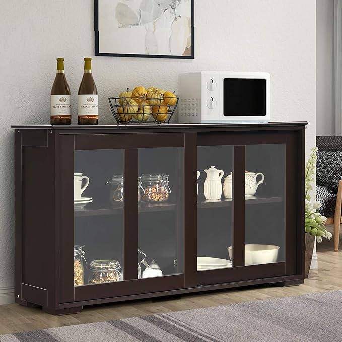 Sideboard Buffet Cabinet, Stackable Cupboard Storage Table with Adjustable Shelf & Glass Sliding Doors, Wooden Credenza Coffee Bar Cabinet for Kitchen/Dining Room/Living Room/Entryway (Coffee)