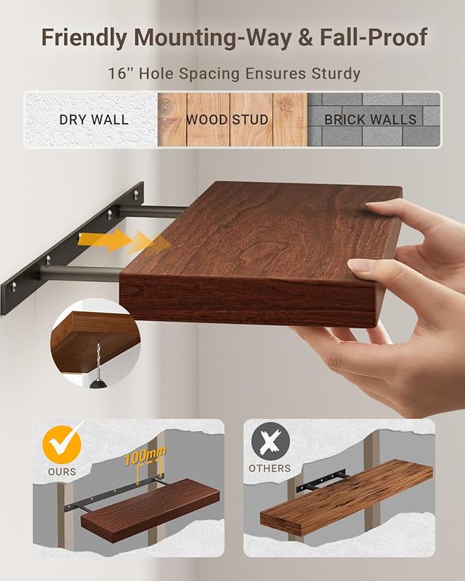 Walnut Floating Shelves for Wall Mounted, 2 Inch Thick Wooden Floating Shelves, 8 Inch Deep Shelves Over Toilet, 36"x8" Wall Shelves for Kitchen Living Room Bathroom, 50LBS Capacity, Set of 2
