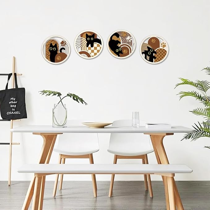 TOARTi 4PCS Boho Black Cat Wall Art Set, Minimalist Geometric Wooden Wall Decor,Abstract Bohemian Black Cats Hanging Sign, Farmhouse Cute Kitty Artwork for Bedroom Living Room Nursery Cat Lovers Gifts