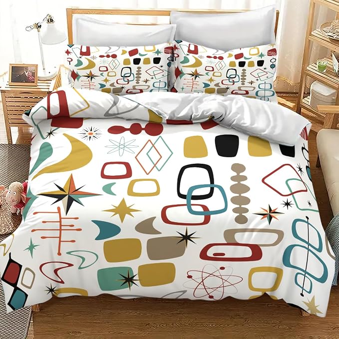 Mid Century Modern Bedding Set,Retro Geometric Colorful Diamond Abstract Geometric Vintage 60s 70s Pattern Comforter Set with Pillowcase for Bedroom Bed Decor,King 102"x90"