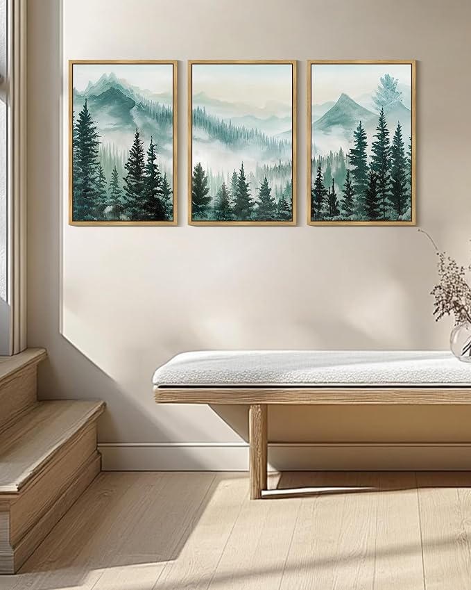 KUVIOKE Fog Pine Tree Mountain Landscape Framed Wall Art Watercolor Nature Misty Forest Painting Vintage Farmhouse Rustic Wall Decor for Bedroom Hallway 16x24in (Natural Framed)
