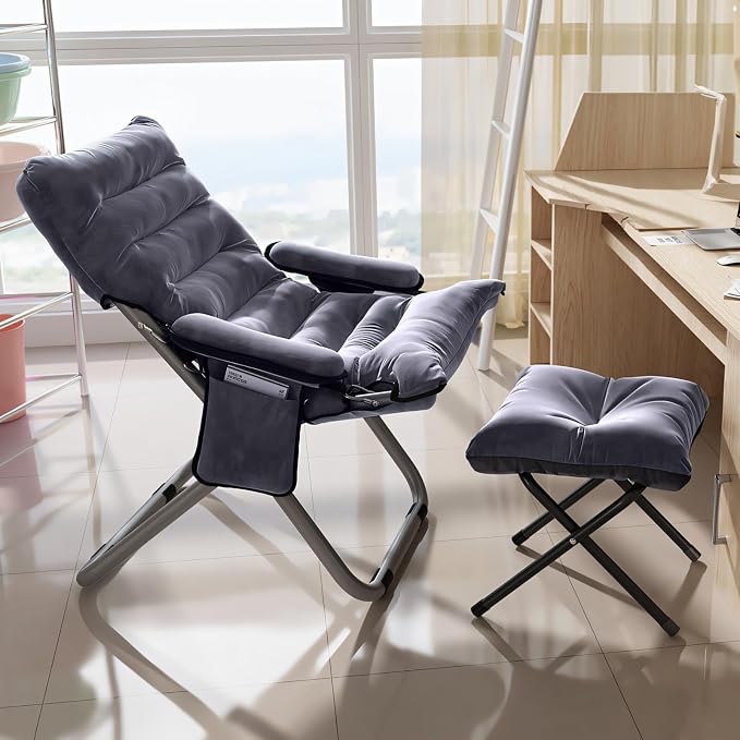 Lazy Chair with Ottoman, Folding Lounge Reclining Sofa Chair with Armrest Modern Comfy Lounge Chair with Side Pocket Leisure Chair for Bedroom, Living Room, Office, and Balcony, Grey