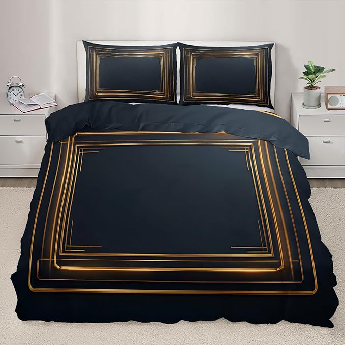 Gold Geometric Duvet Cover Twin Size, Stripes Bedding Set 3 Piece, Minimalist Dark Blue Patterned Comforter Cover with Zipper Soft Microfiber, 2 Pillowcases