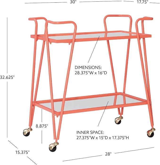 Gina Coral Mid-Century Bar Cart with Mirrored Shelves and Locking Wheels by Linon