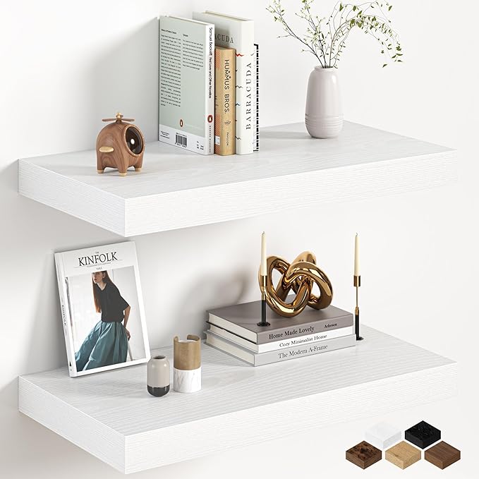 Fun Memories 12 Inch Deep White Floating Shelf, 24 x 12 Rustic Wood Wall Shelf for Books, 2" Thick Deep Floating Shelf for Storage & Display in Kitchen, Living Room, Bedroom, 2 Packs