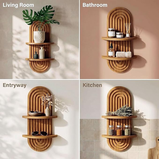 Boho Wall Decor Brown Hanging Shelves, 16.7in Walnut Floating Plant Shelf for Wall, 2 Tier mid Century wall Shelf for Home Bathroom Bedroom Living Room Office Holding Planter