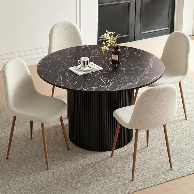 Dining Table Set for 4, Mid Century Modern 47 Inch Black Marble-Look Wooden Round Dining Table Set, Space Saving (Table + 4 White Chairs)
