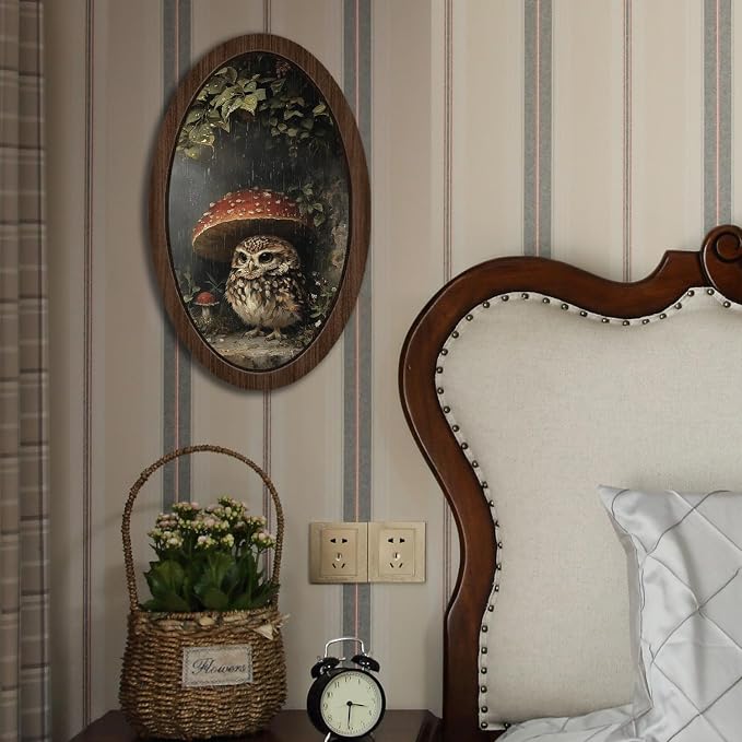 UYIKG Vintage Owl Wall Art Decor,Cute Owl Mushroom Oval Wall Decor,Rustic Cottagecore Animal Botanical Oval Wooden Framed Decorations for Nursery Kids Room Bedroom Living Room 9x14.6 in