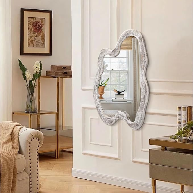 AAZZKANG Irregular Wall Mirror Wooden Large Asymmetrical 24"x16" Decorative Hanging Mirrors for Bedroom Dressing Room Living Room Bathroom Entryway White