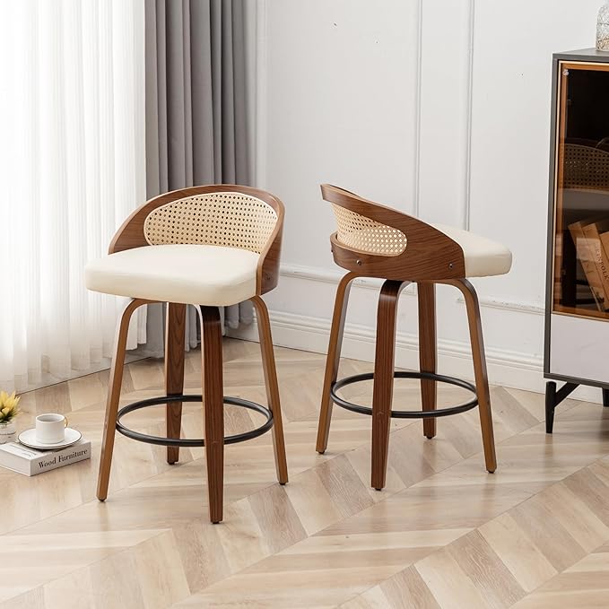 30" Swivel Rattan Bar Stools Set of 2,Mid-Century Modern Faux Leather Upholstered Bar Height Stools,Kitchen Island Barstool with Rattan Low Backrest,Walnut Wood Finish Bar Chairs,Beige PU