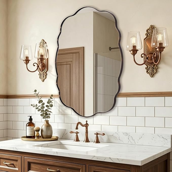 ANDY STAR Bronze Bathroom Mirror -24x36 Inch Wavy Oval Mirror for Vanity, Wavy Scalloped Wall Mirror with Stainless Steel Frame Hang Vertically or Horizontally
