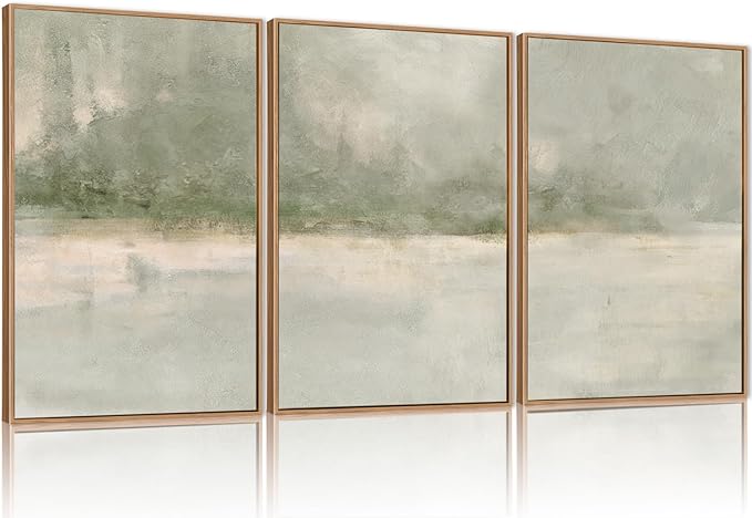 FWIEXA Grey Green Abstract Canvas Wall Art Set 3, Neutral Landscape Framed Prints, Modern Lake Scenery Paintings, Beige 16x24In Watercolor Artwork Poster for Farmhouse, Living Room, Bedroom, Office